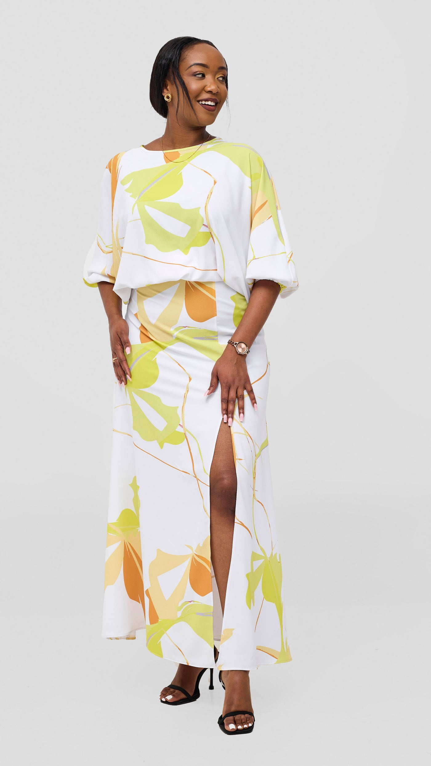 Vivo Kemi Maxi Skirt - White / Lime Emi Print