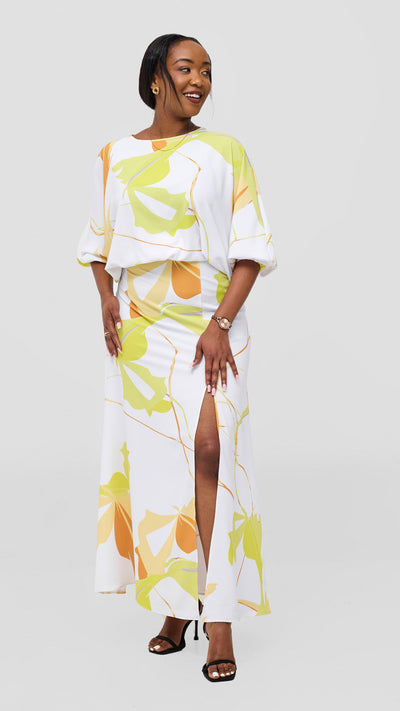 Vivo Kemi Maxi Skirt - White / Lime Emi Print