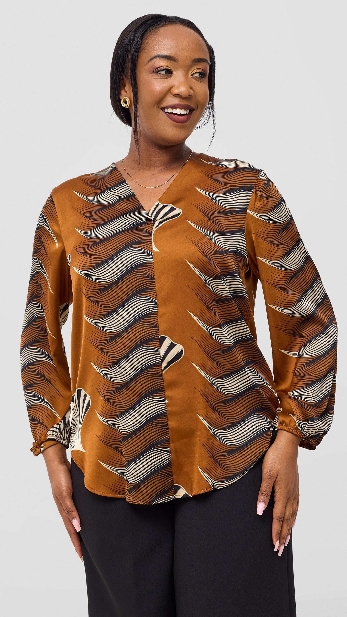 Vivo Dua Satin Bishop Sleeve Top - Dark Mustard / Black Print