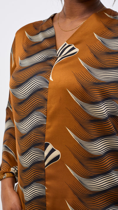 Vivo Dua Satin Bishop Sleeve Top - Dark Mustard / Black Print