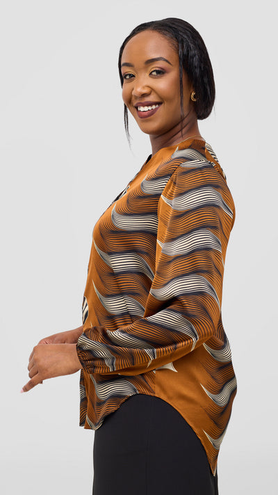 Vivo Dua Satin Bishop Sleeve Top - Dark Mustard / Black Print
