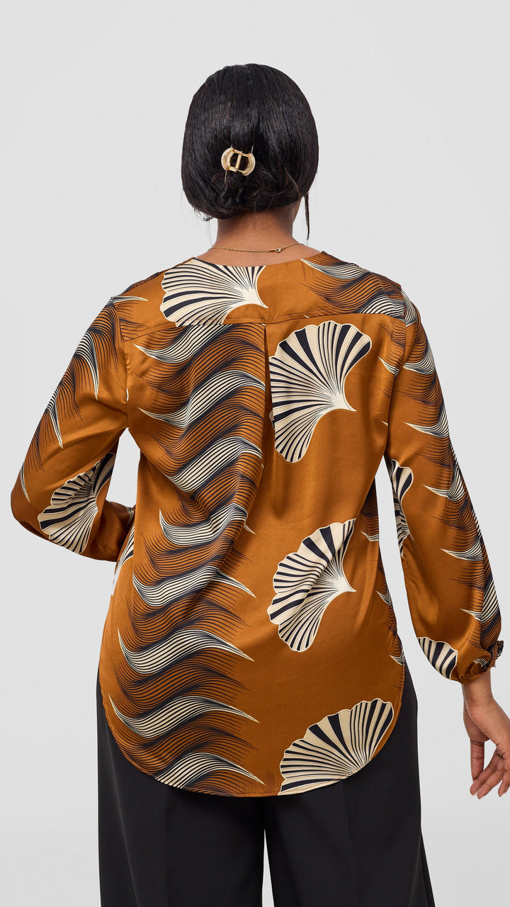 Vivo Dua Satin Bishop Sleeve Top - Dark Mustard / Black Print