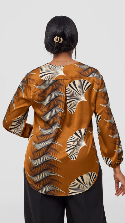 Vivo Dua Satin Bishop Sleeve Top - Dark Mustard / Black Print