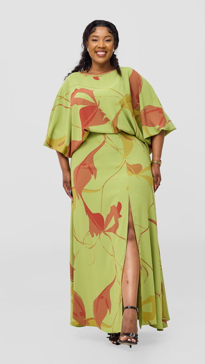 Vivo Kemi Maxi Skirt - Lime Green / Maroon Emi Print