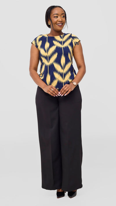 Vivo Basic Crepe Cap Sleeve Top - Navy / Mustard Print