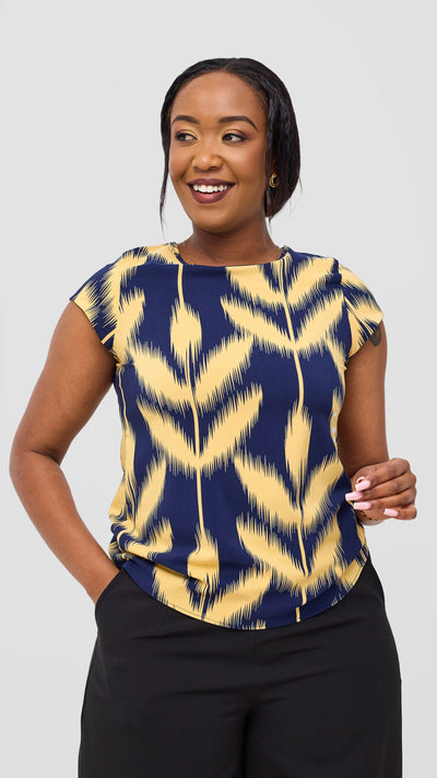 Vivo Basic Crepe Cap Sleeve Top - Navy / Mustard Print