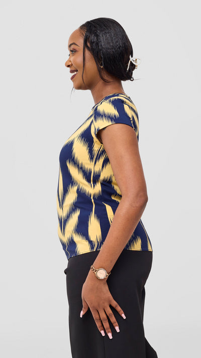 Vivo Basic Crepe Cap Sleeve Top - Navy / Mustard Print