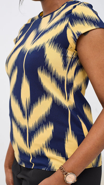 Vivo Basic Crepe Cap Sleeve Top - Navy / Mustard Print