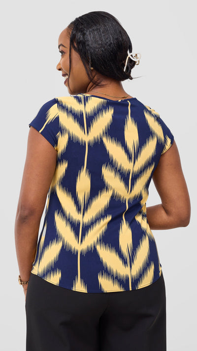 Vivo Basic Crepe Cap Sleeve Top - Navy / Mustard Print