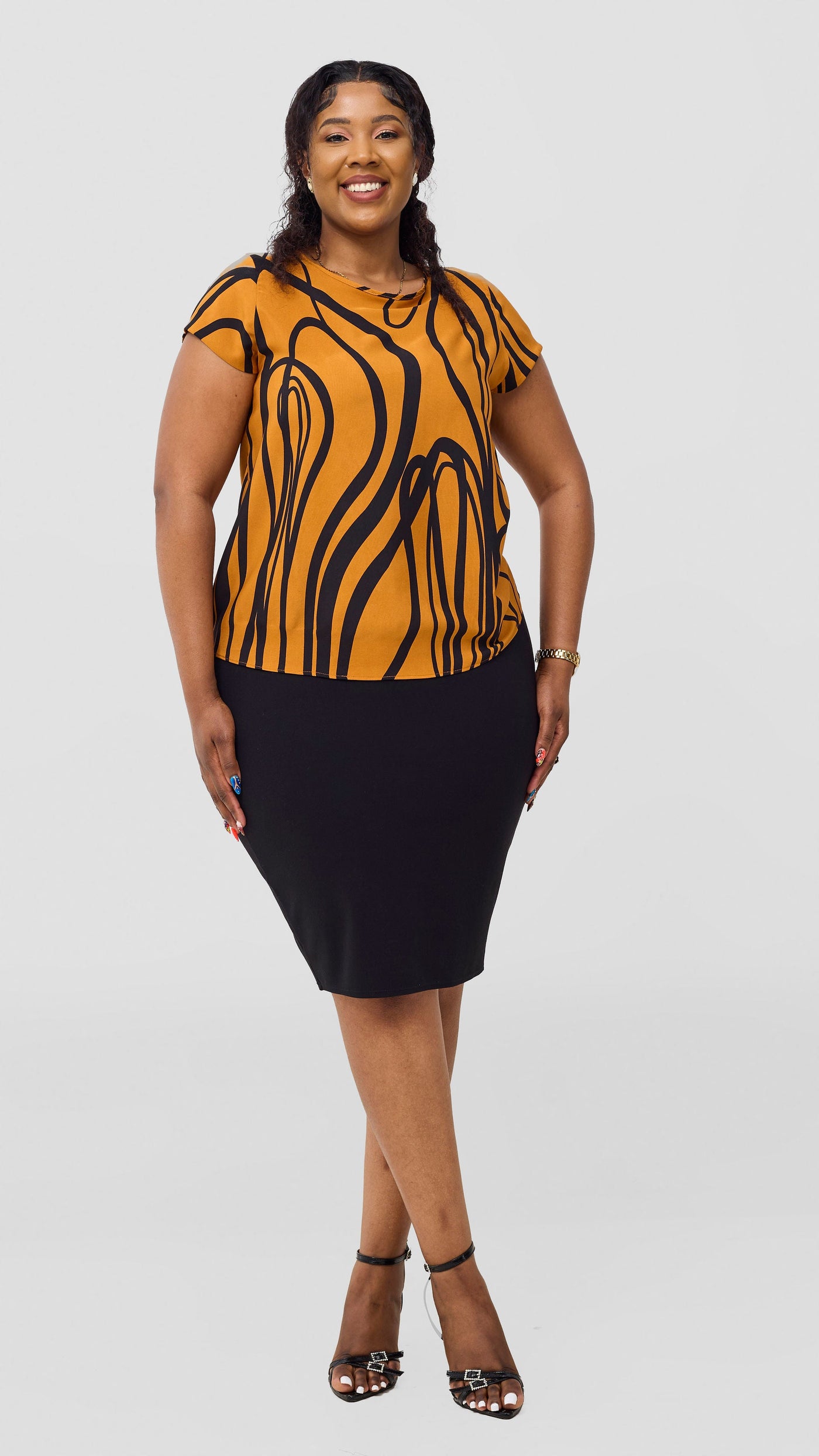 Vivo Basic Crepe Cap Sleeve Top - Rust / Black Print