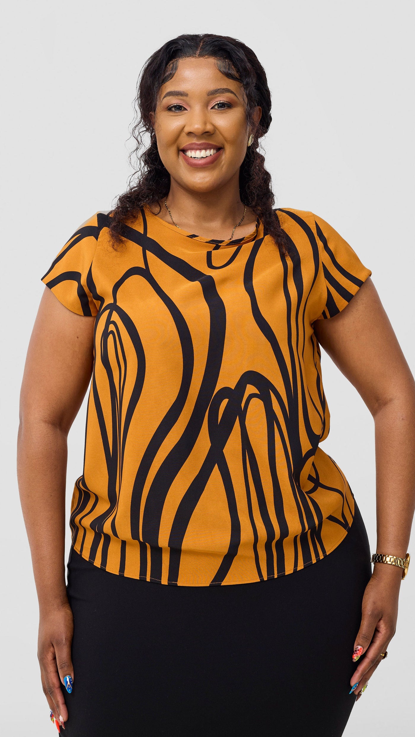 Vivo Basic Crepe Cap Sleeve Top - Rust / Black Print