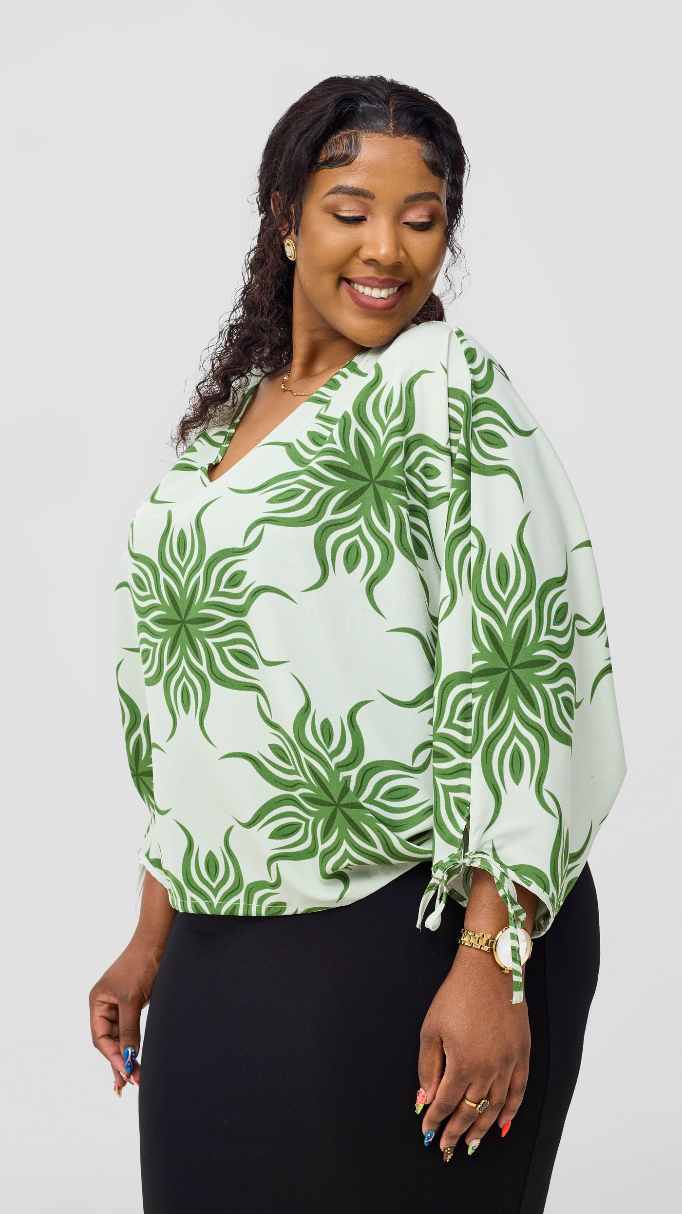 Vivo Sanali Batwing Tie Top - Mint / Green Print