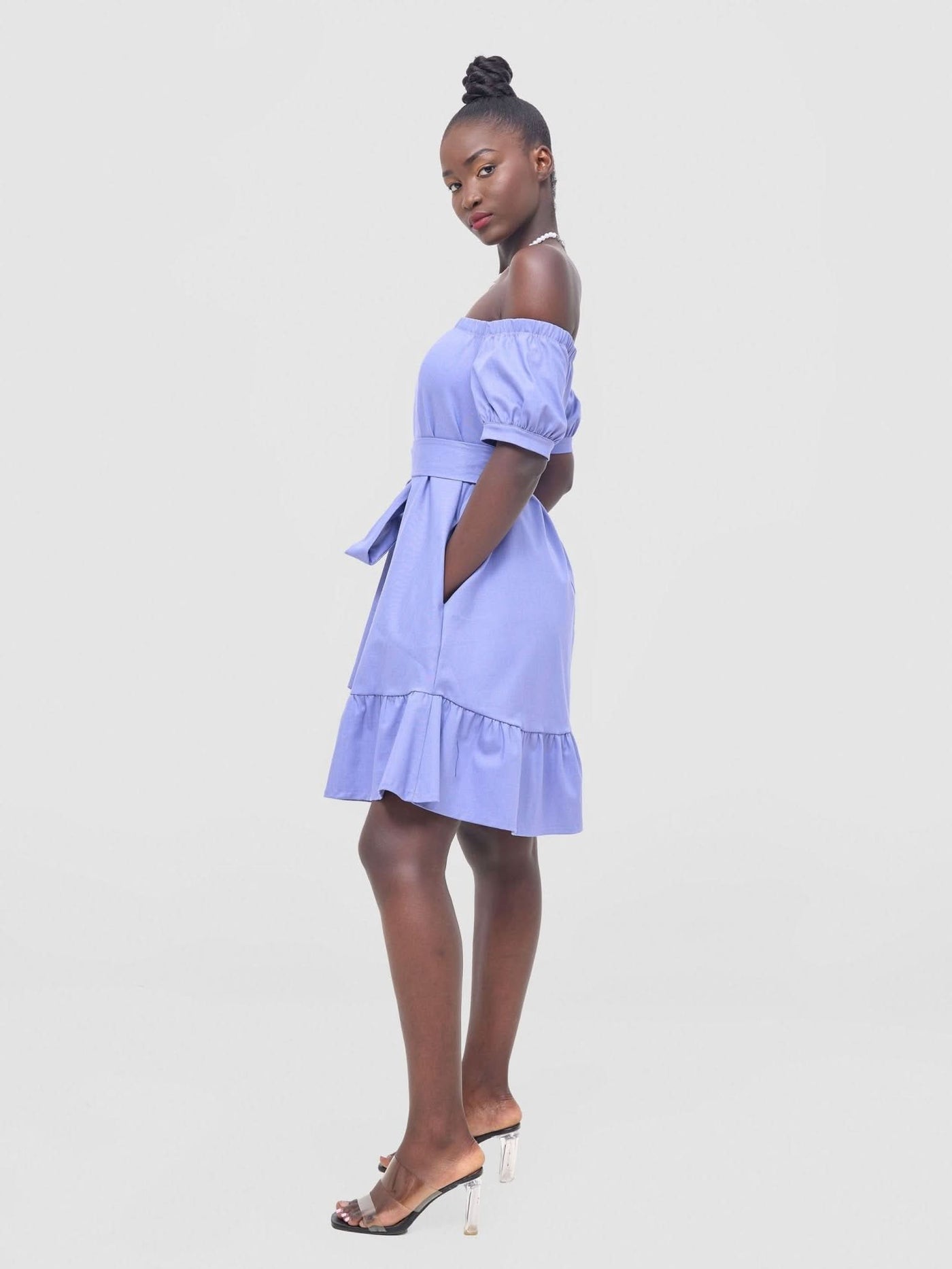 Zoya Nia Off Shoulder Knee Length Dress - Lilac - Shopzetu