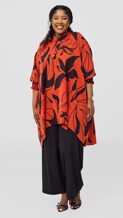 Vivo Wastani 3/4 Shirred Sleeve Wide Tunic - Dark Rust / Black Zia Print