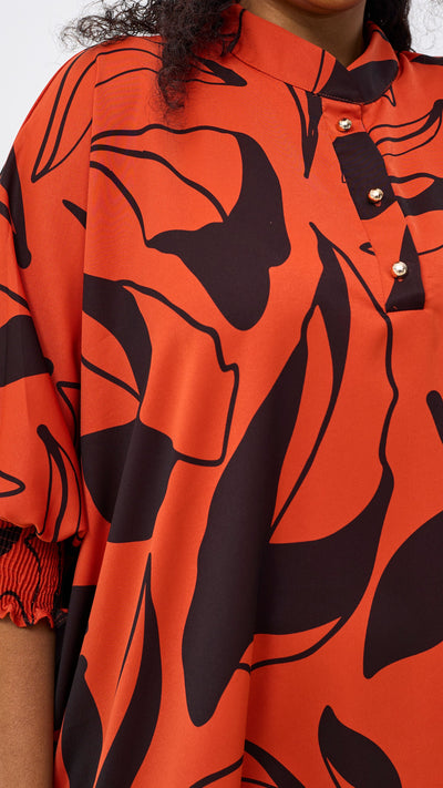 Vivo Wastani 3/4 Shirred Sleeve Wide Tunic - Dark Rust / Black Zia Print