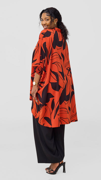 Vivo Wastani 3/4 Shirred Sleeve Wide Tunic - Dark Rust / Black Zia Print