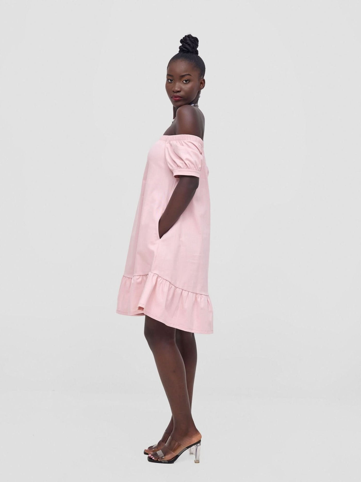 Zoya Nia Off Shoulder Knee Length Dress - Light Pink - Shopzetu