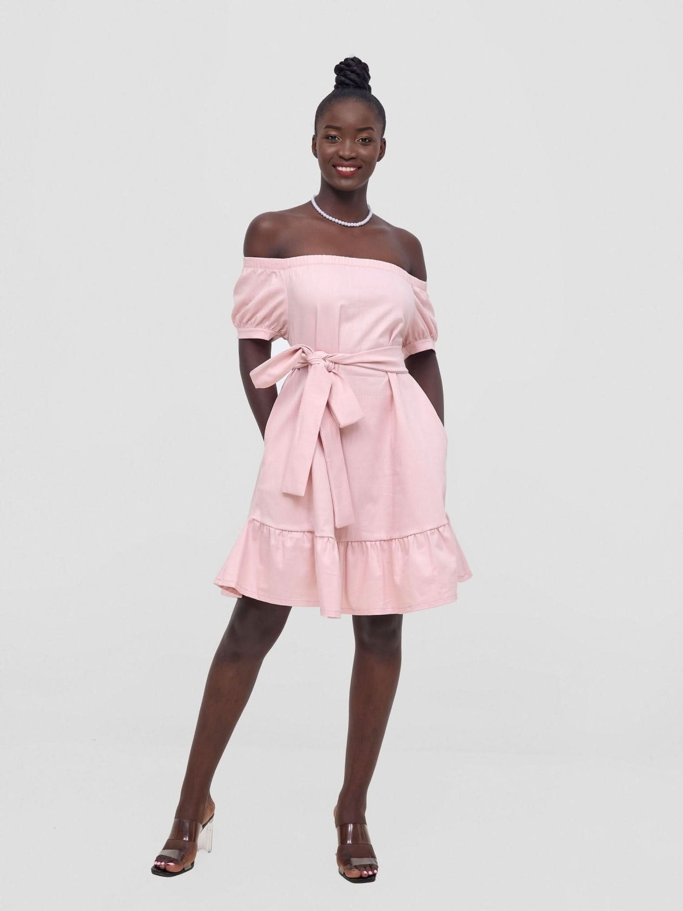 Zoya Nia Off Shoulder Knee Length Dress - Light Pink - Shopzetu