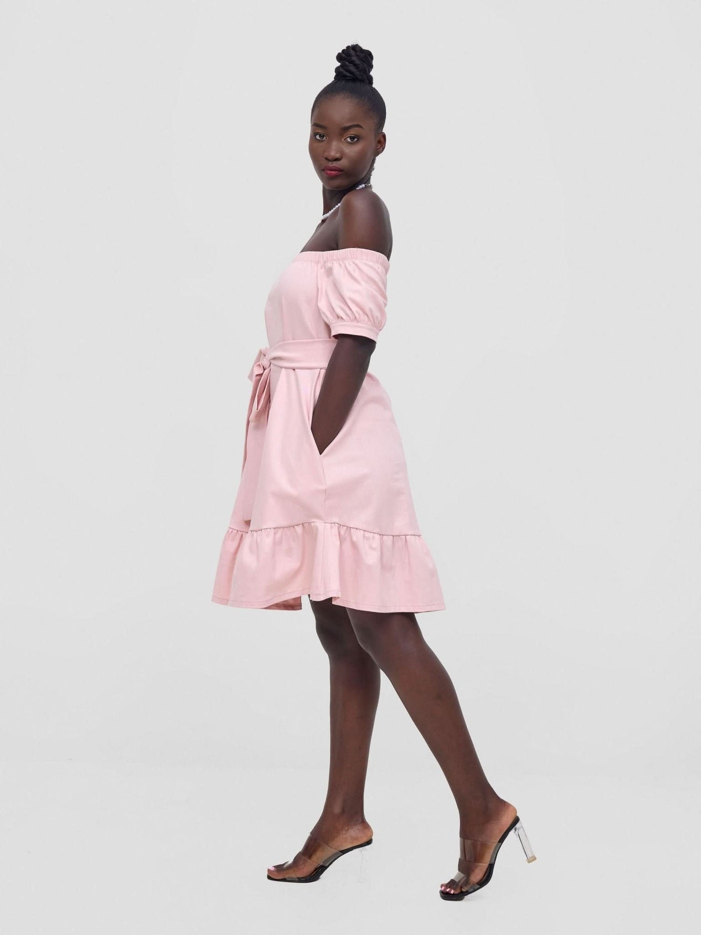 Zoya Nia Off Shoulder Knee Length Dress - Light Pink - Shopzetu