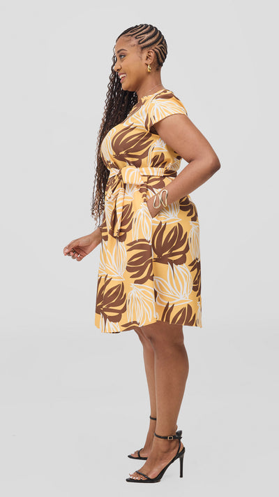 Vivo Pendo Cap Sleeve Tent Knee Length Dress - Mustard / Brown Akila Print