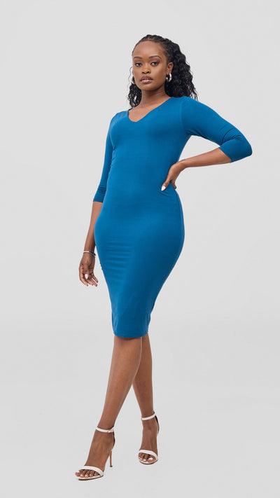 Vivo Basic 3/4 Sleeve Double Layered Bodycon Dress - Teal