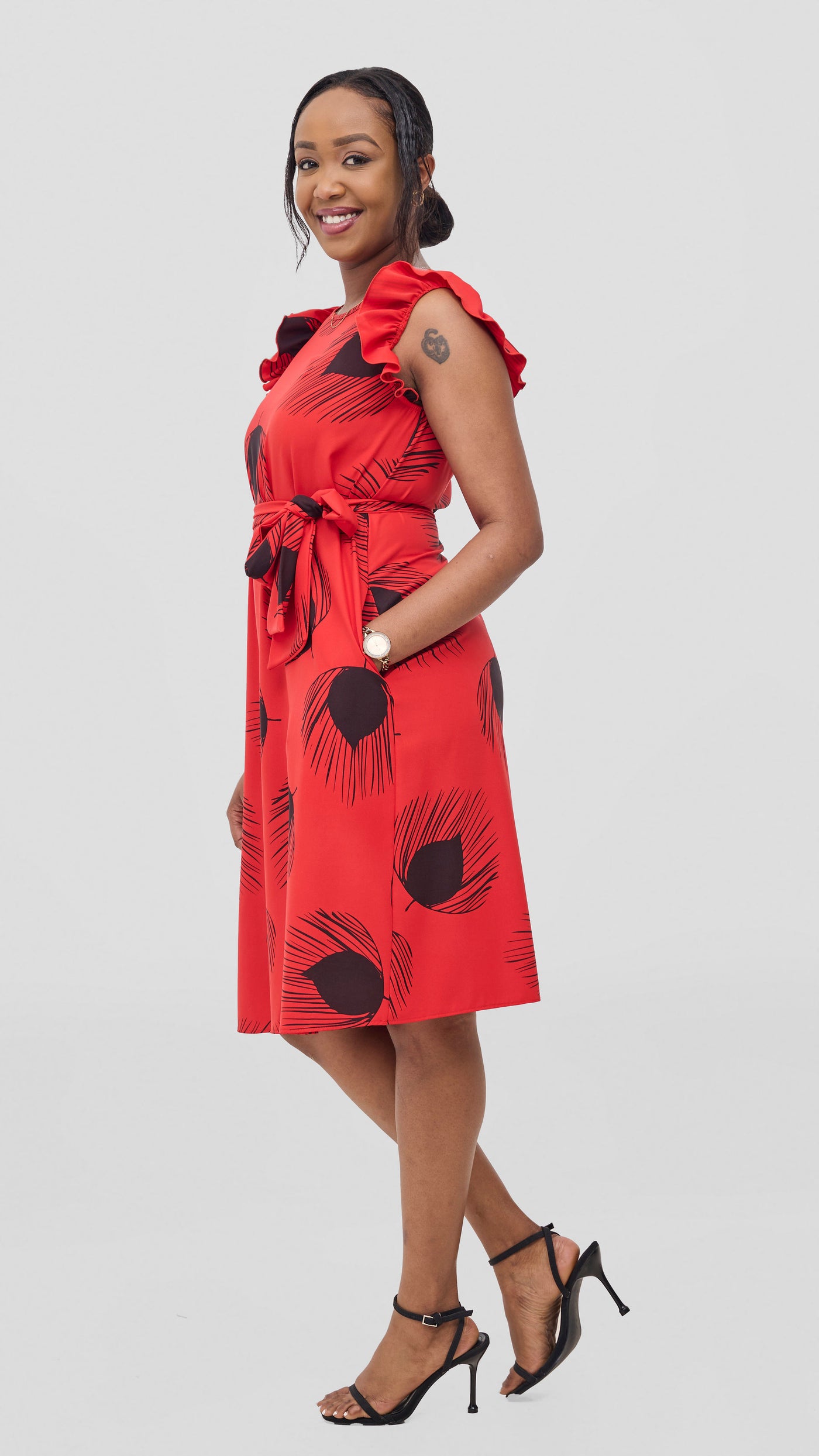 Vivo Nasinka A-Line Knee Length Dress - Red / Black Fani Print