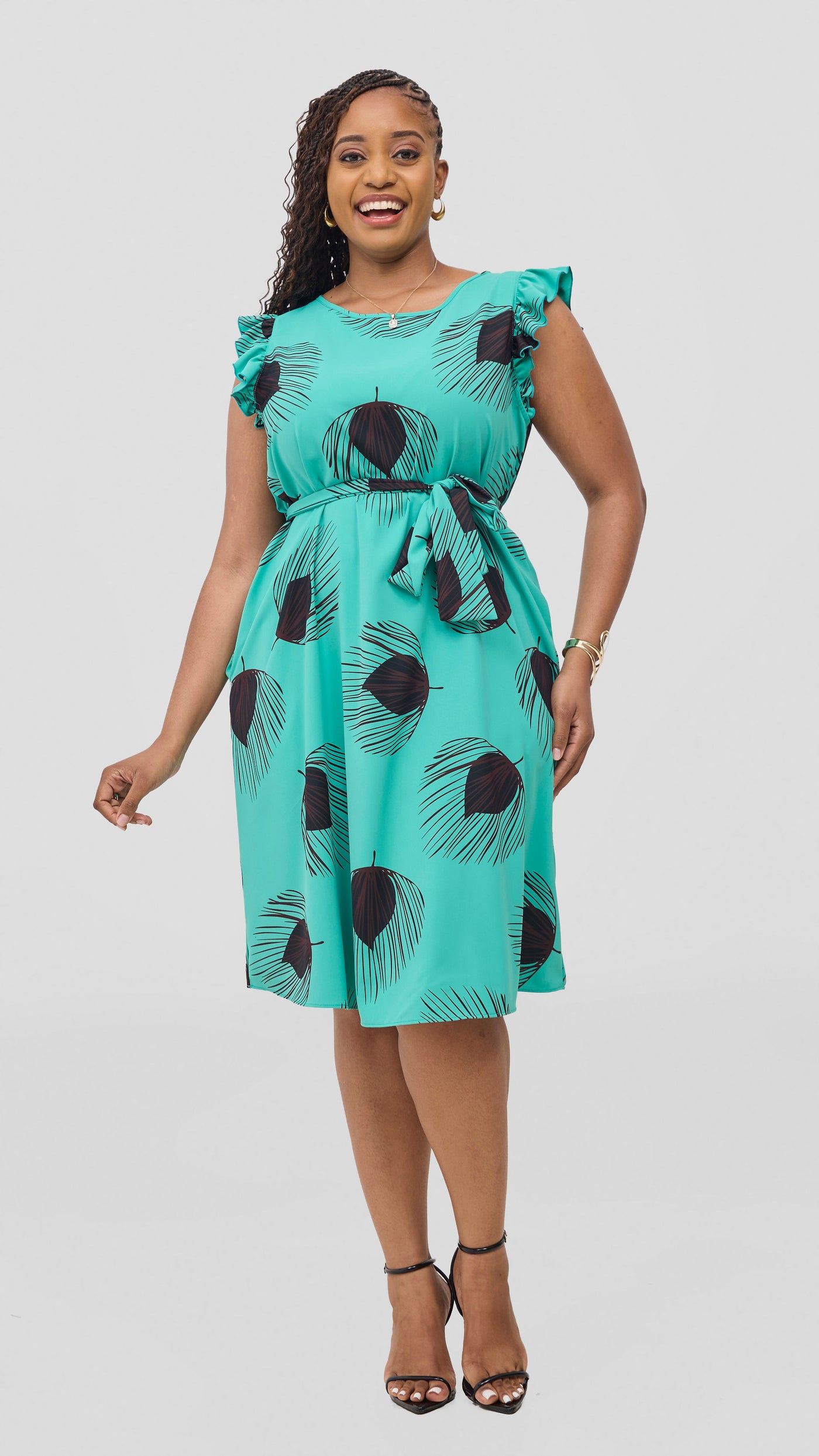 Vivo Nasinka A-Line Knee Length Dress - Sea Green / Burgundy Print