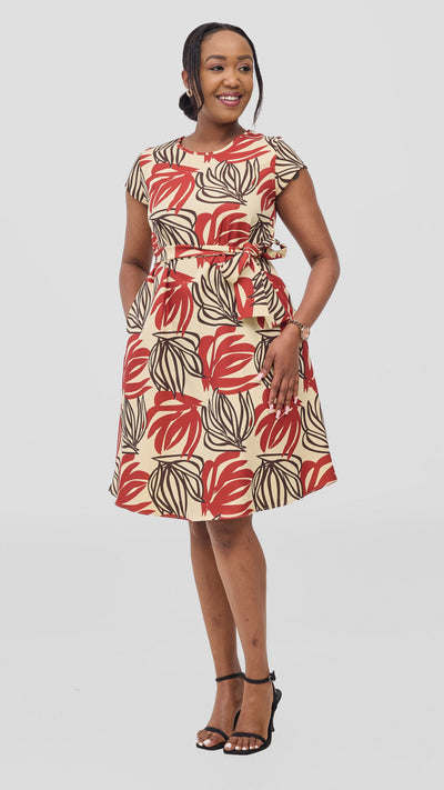 Vivo Pendo Cap Sleeve Tent Knee Length Dress - Burgundy / Brown Akila Print