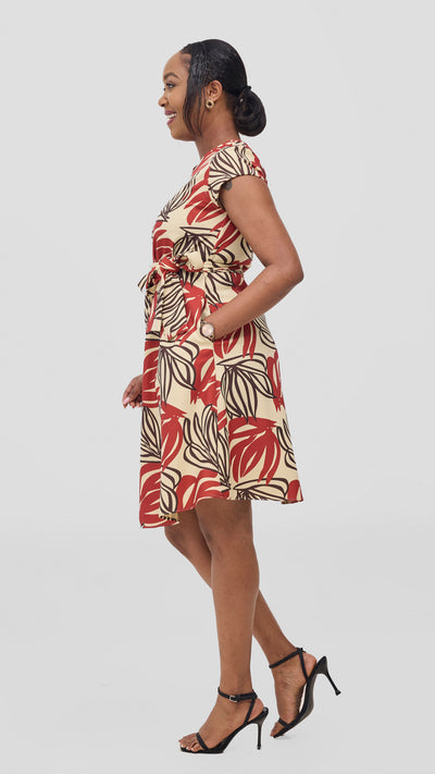 Vivo Pendo Cap Sleeve Tent Knee Length Dress - Burgundy / Brown Akila Print