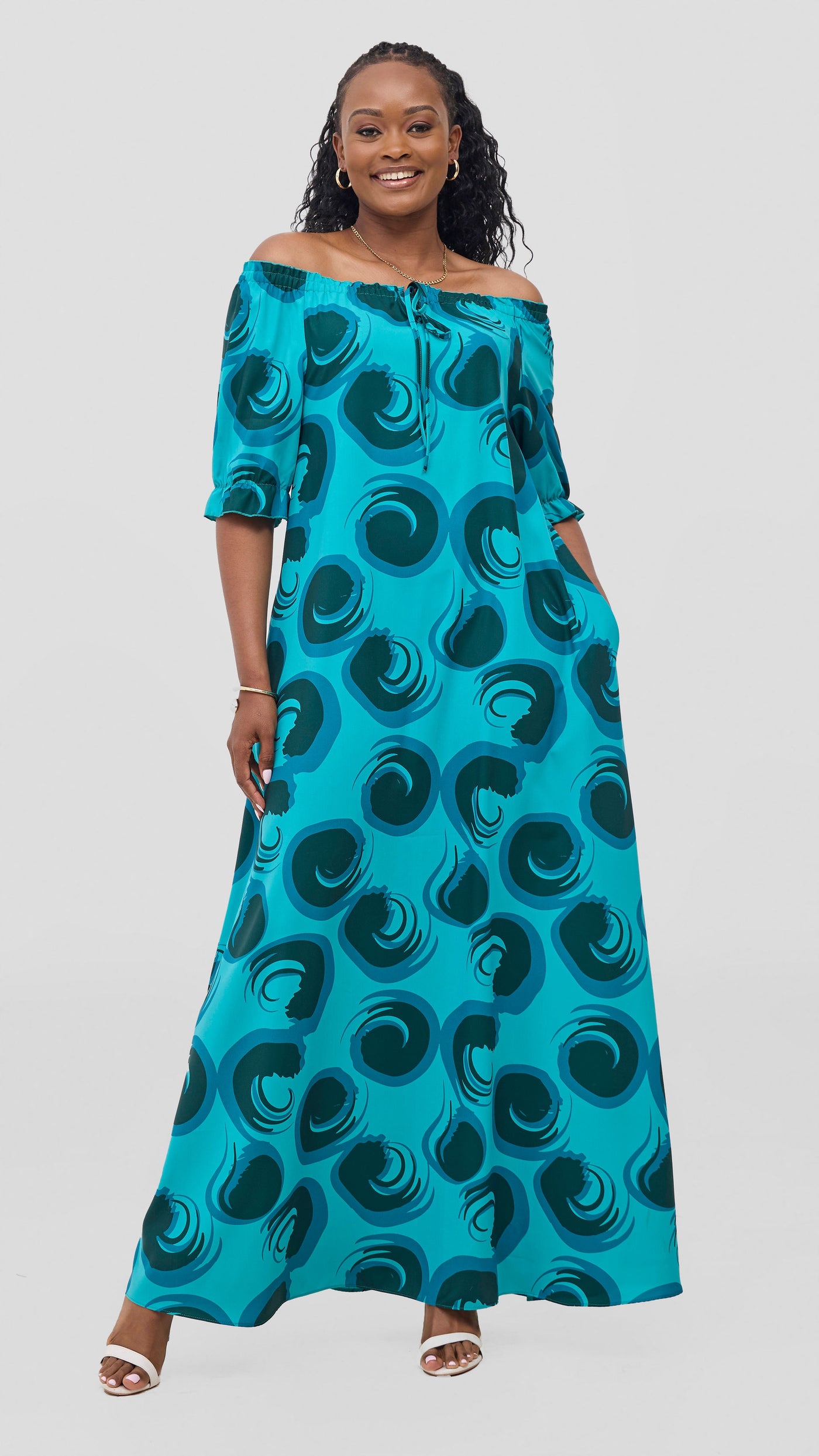 Vivo Situ Off-Shoulder Tie Maxi Dress - Sea Green / Dark Teal Lina Print