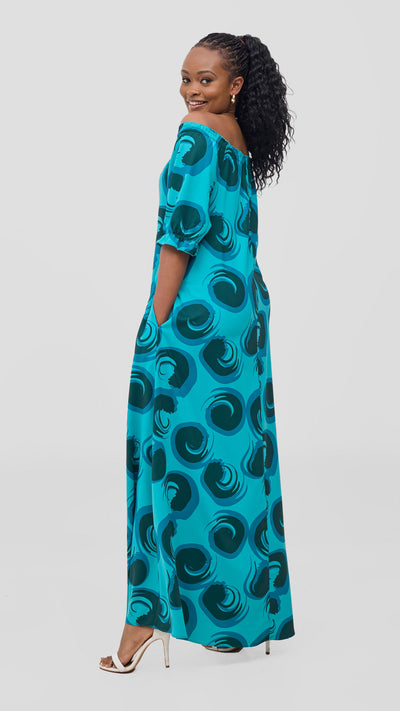 Vivo Situ Off-Shoulder Tie Maxi Dress - Sea Green / Dark Teal Lina Print