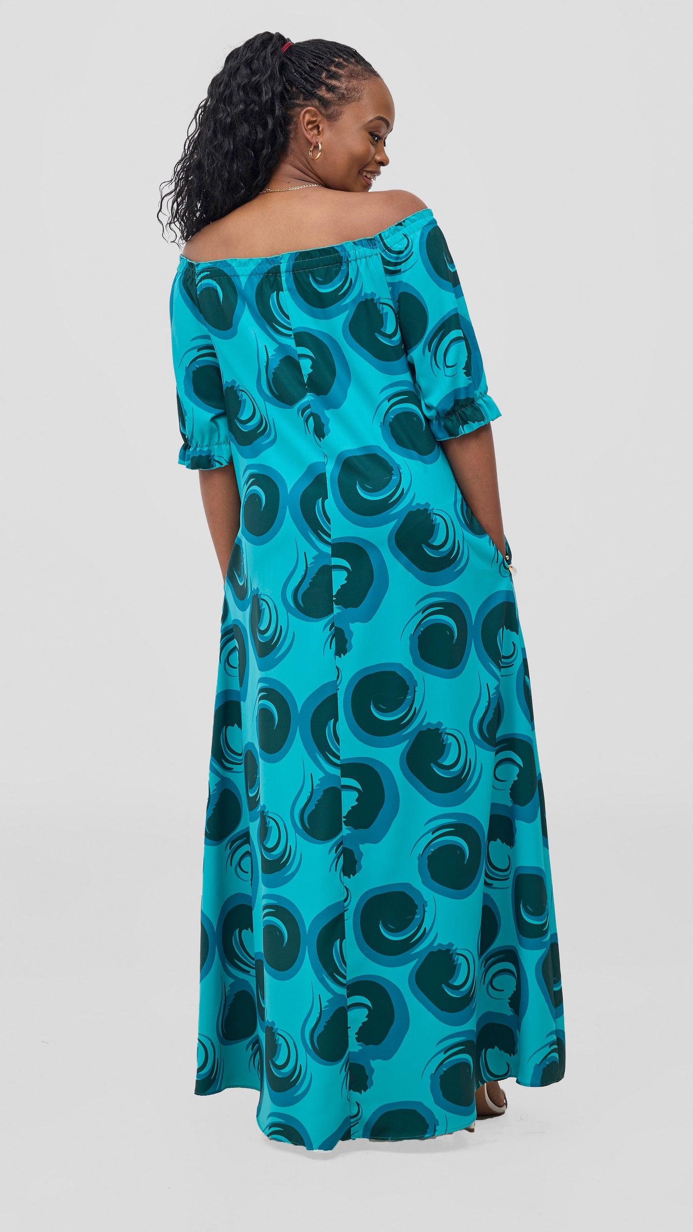 Vivo Situ Off-Shoulder Tie Maxi Dress - Sea Green / Dark Teal Lina Print