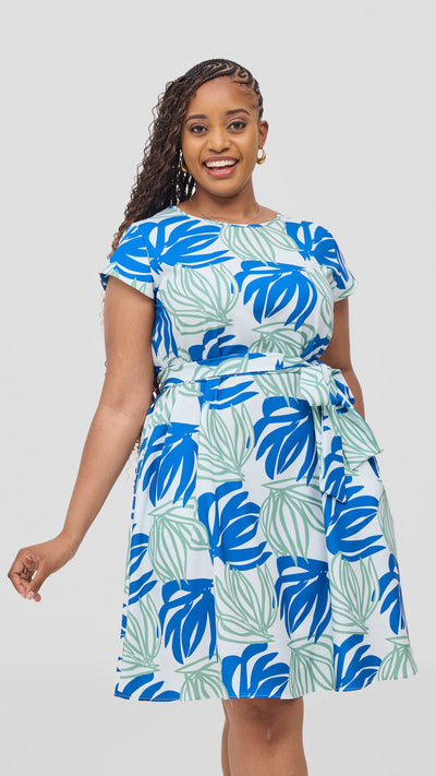 Vivo Pendo Cap Sleeve Tent Knee Length Dress - Blue / Green Akila Print