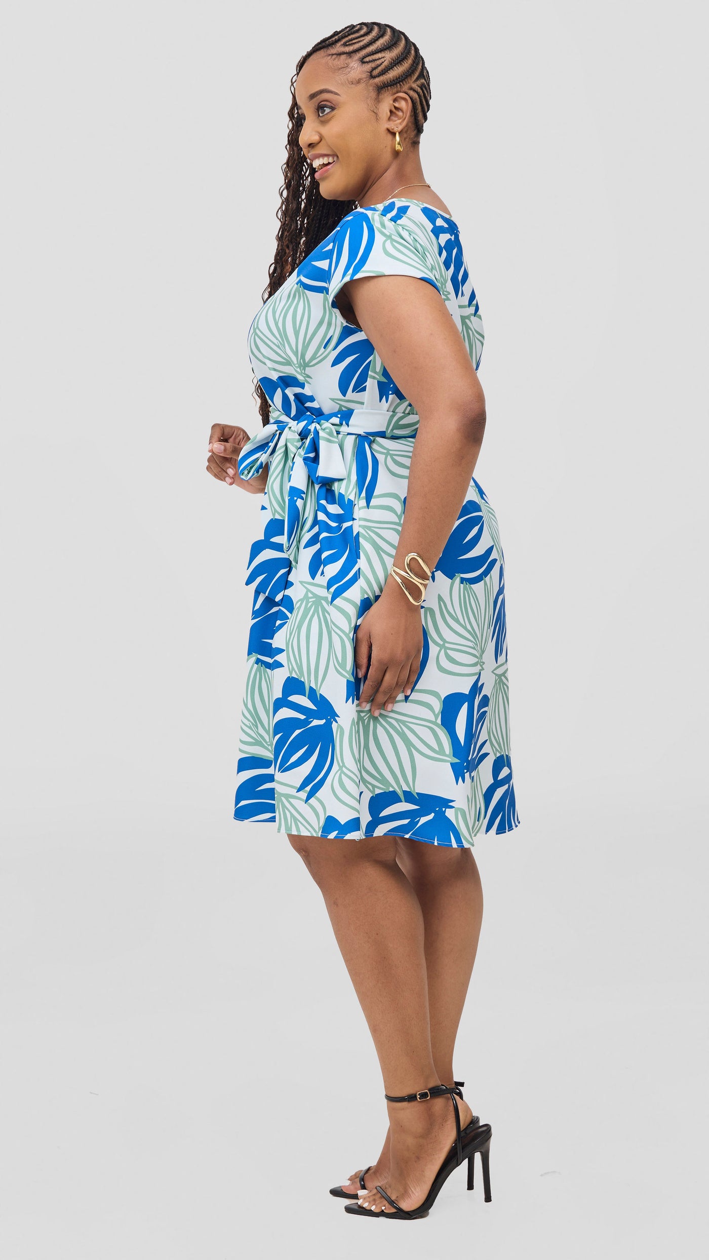 Vivo Pendo Cap Sleeve Tent Knee Length Dress - Blue / Green Akila Print