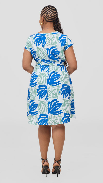 Vivo Pendo Cap Sleeve Tent Knee Length Dress - Blue / Green Akila Print