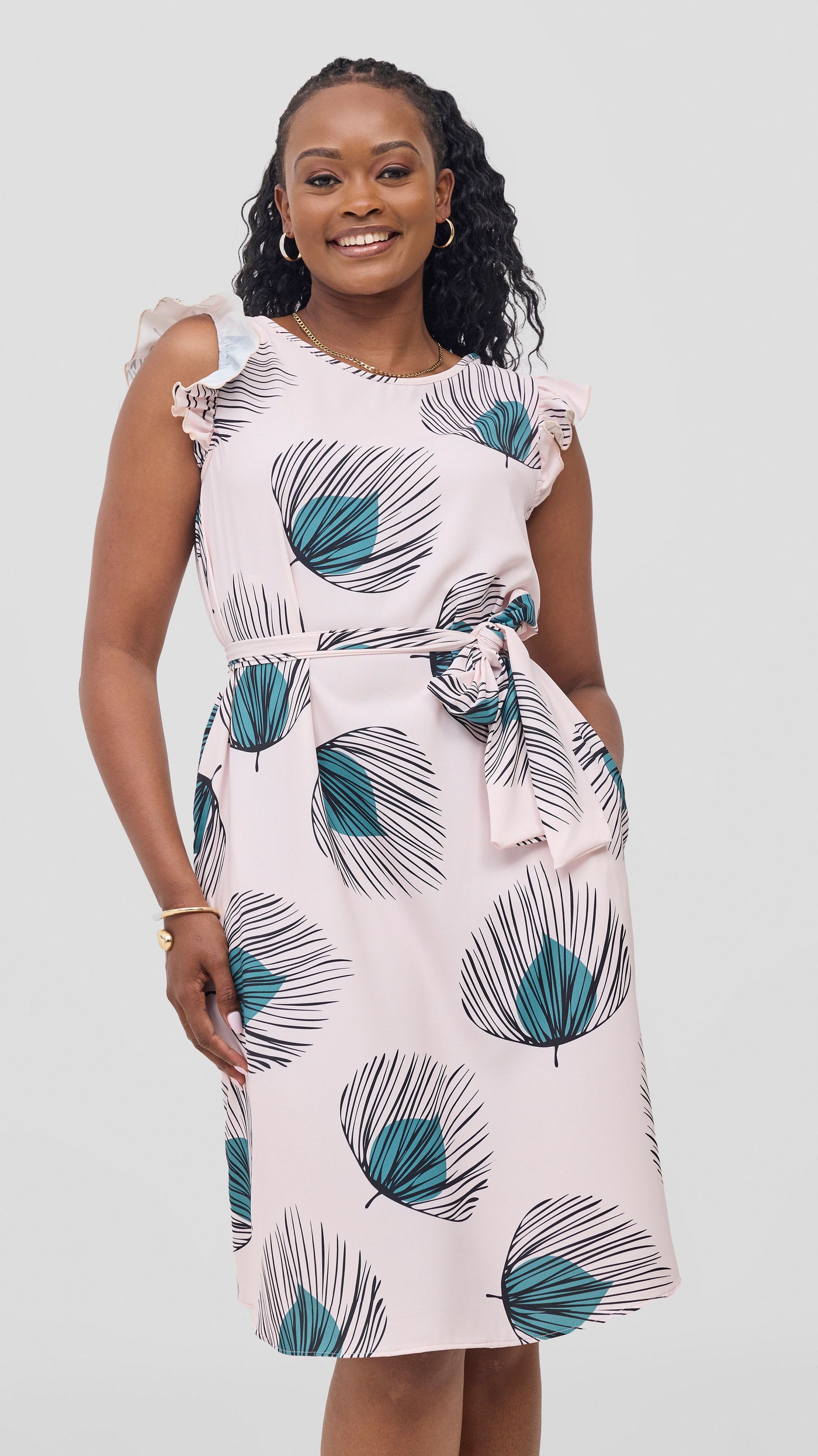 Vivo Nasinka A-Line Knee Length Dress - Light Pink / Green Fani Print