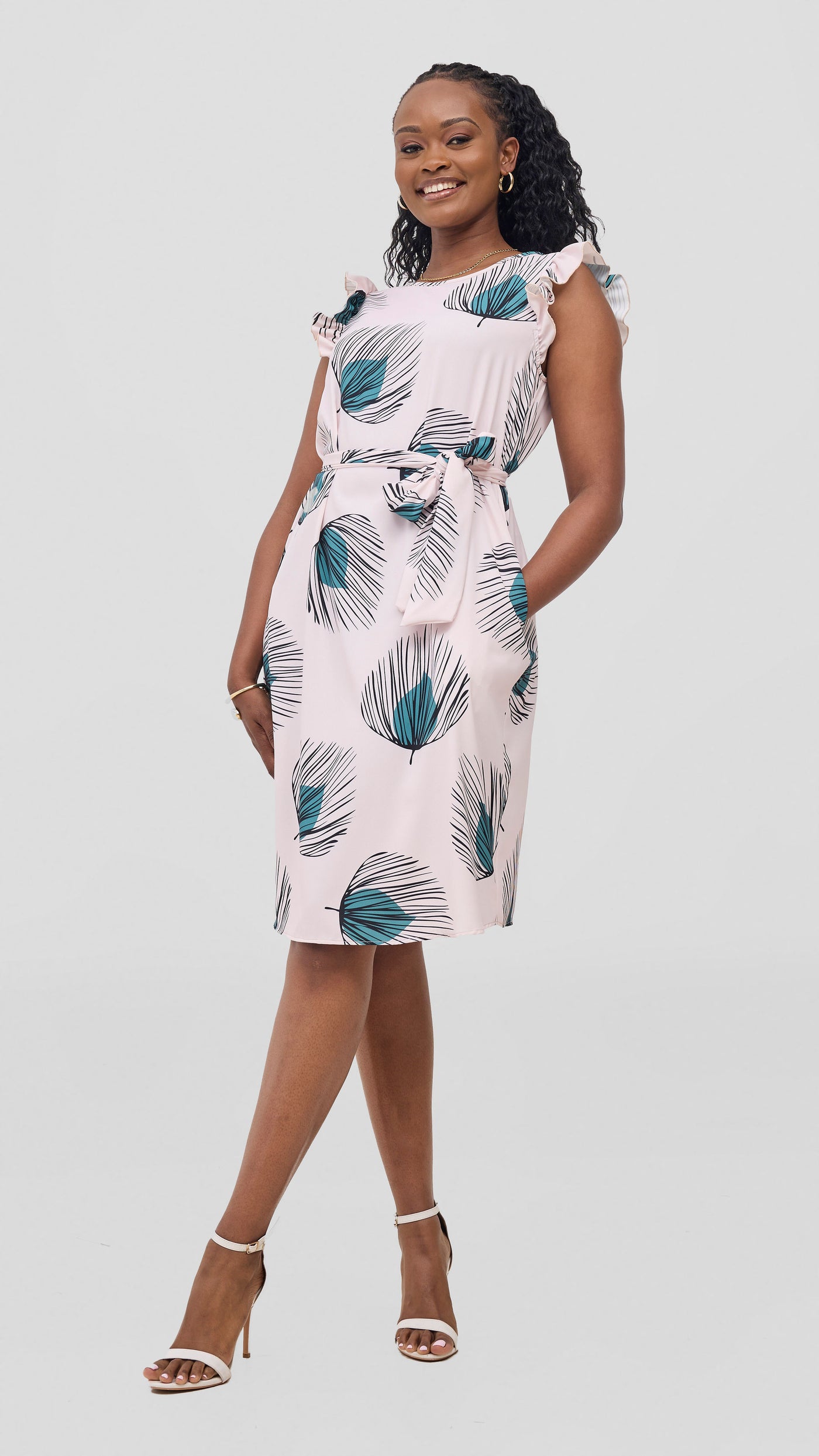 Vivo Nasinka A-Line Knee Length Dress - Light Pink / Green Fani Print