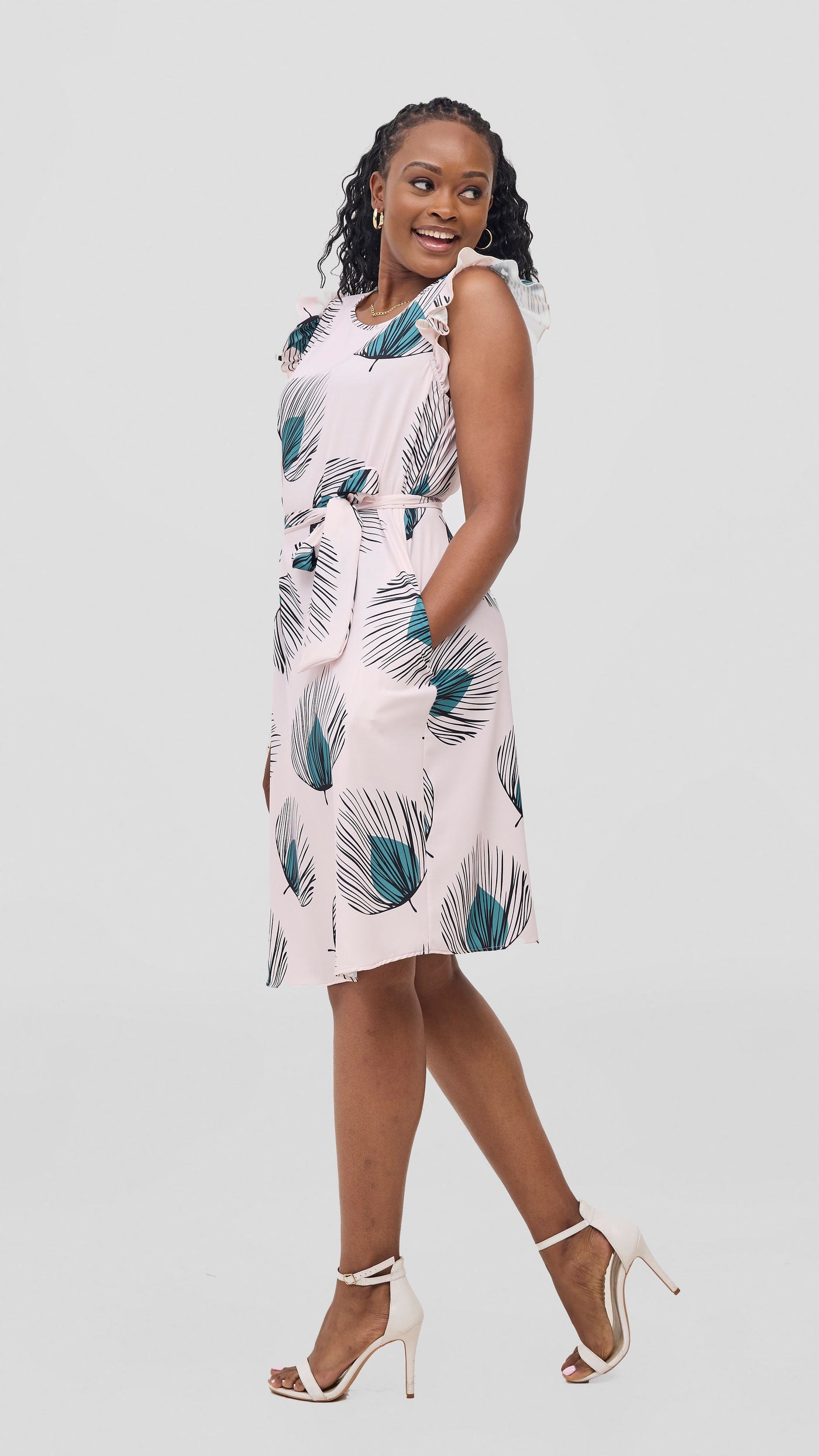 Vivo Nasinka A-Line Knee Length Dress - Light Pink / Green Fani Print