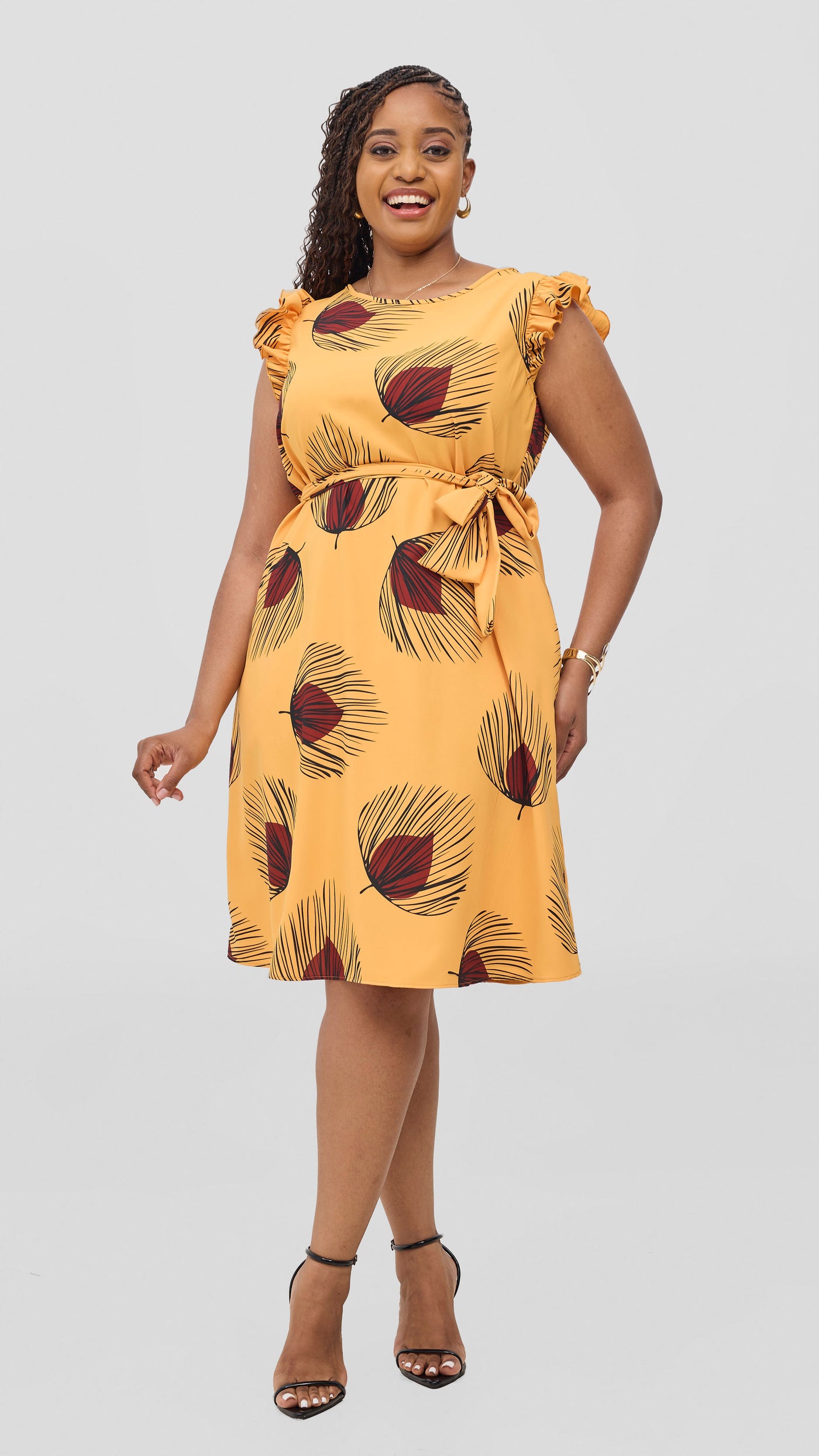 Vivo Nasinka A-Line Knee Length Dress - Mustard / Dark Red Fani Print