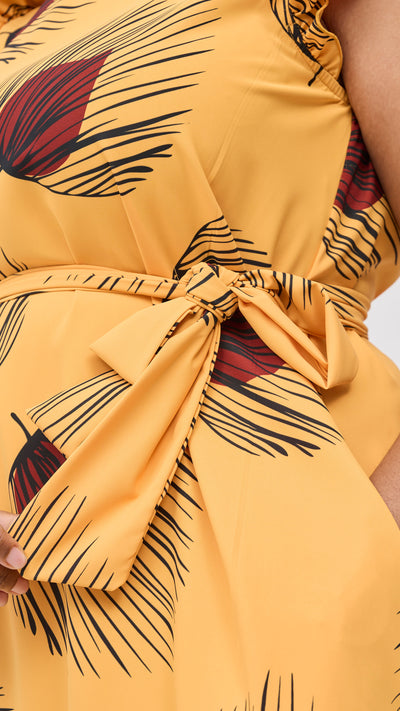 Vivo Nasinka A-Line Knee Length Dress - Mustard / Dark Red Fani Print