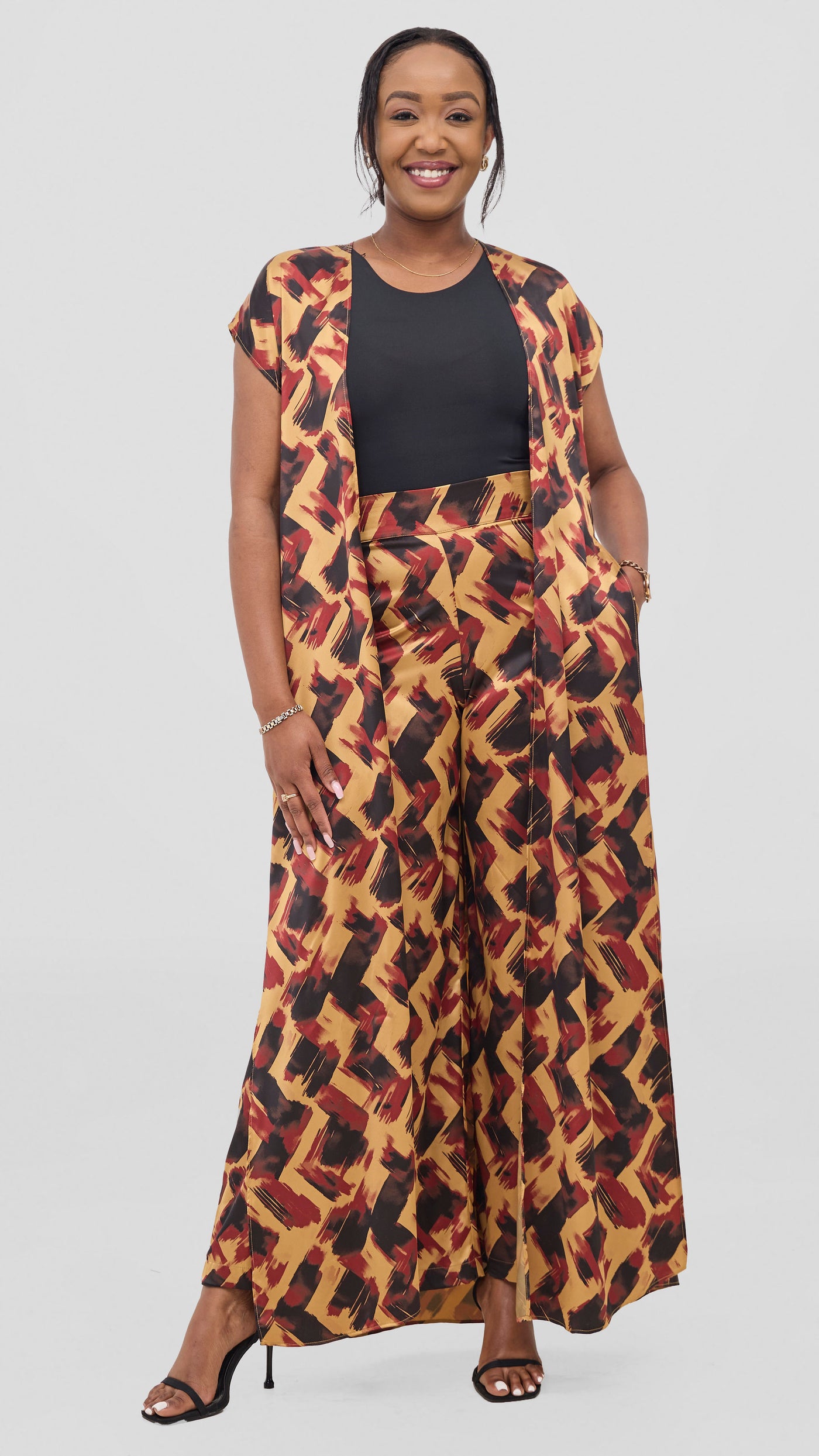 Vivo Chidii Drop Shoulder Kimono - Dark Red / Black Tulu Print