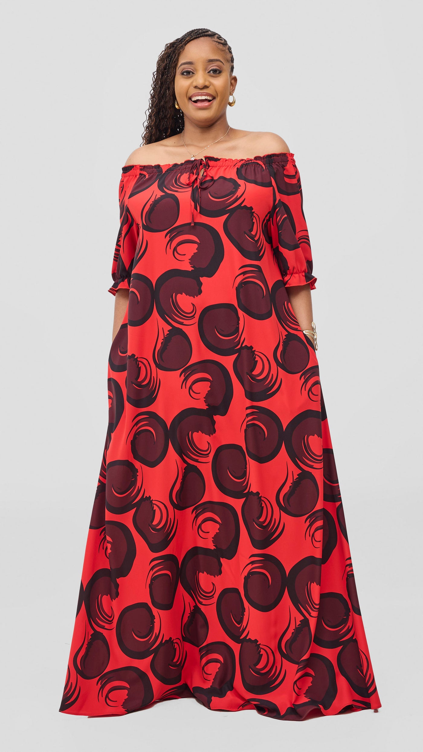 Vivo Situ Off-Shoulder Tie Maxi Dress - Red / Black Lina Print