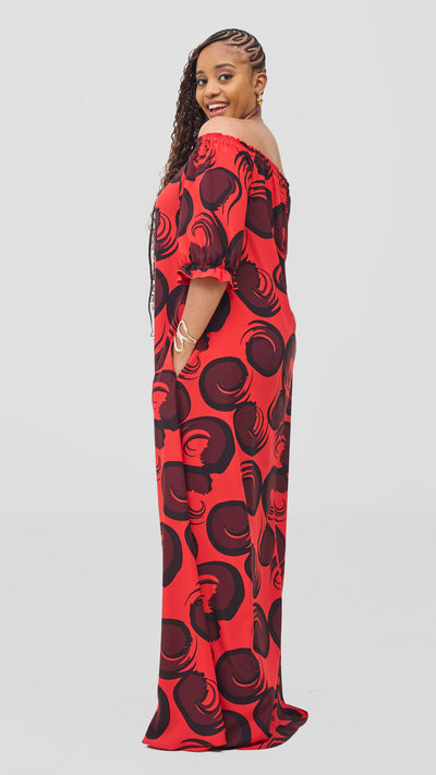 Vivo Situ Off-Shoulder Tie Maxi Dress - Red / Black Lina Print