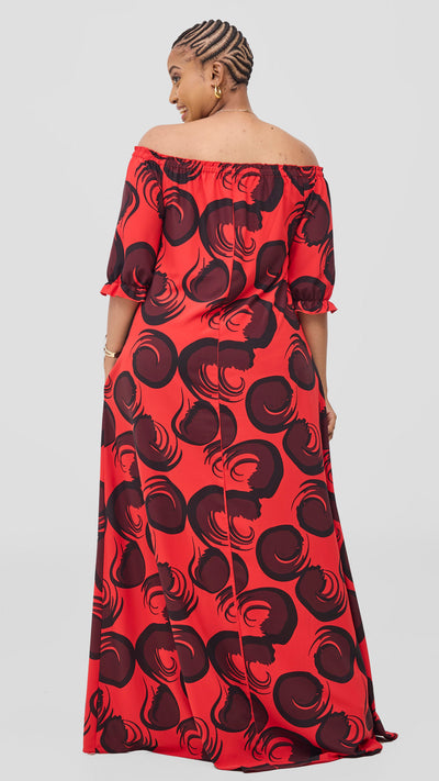 Vivo Situ Off-Shoulder Tie Maxi Dress - Red / Black Lina Print