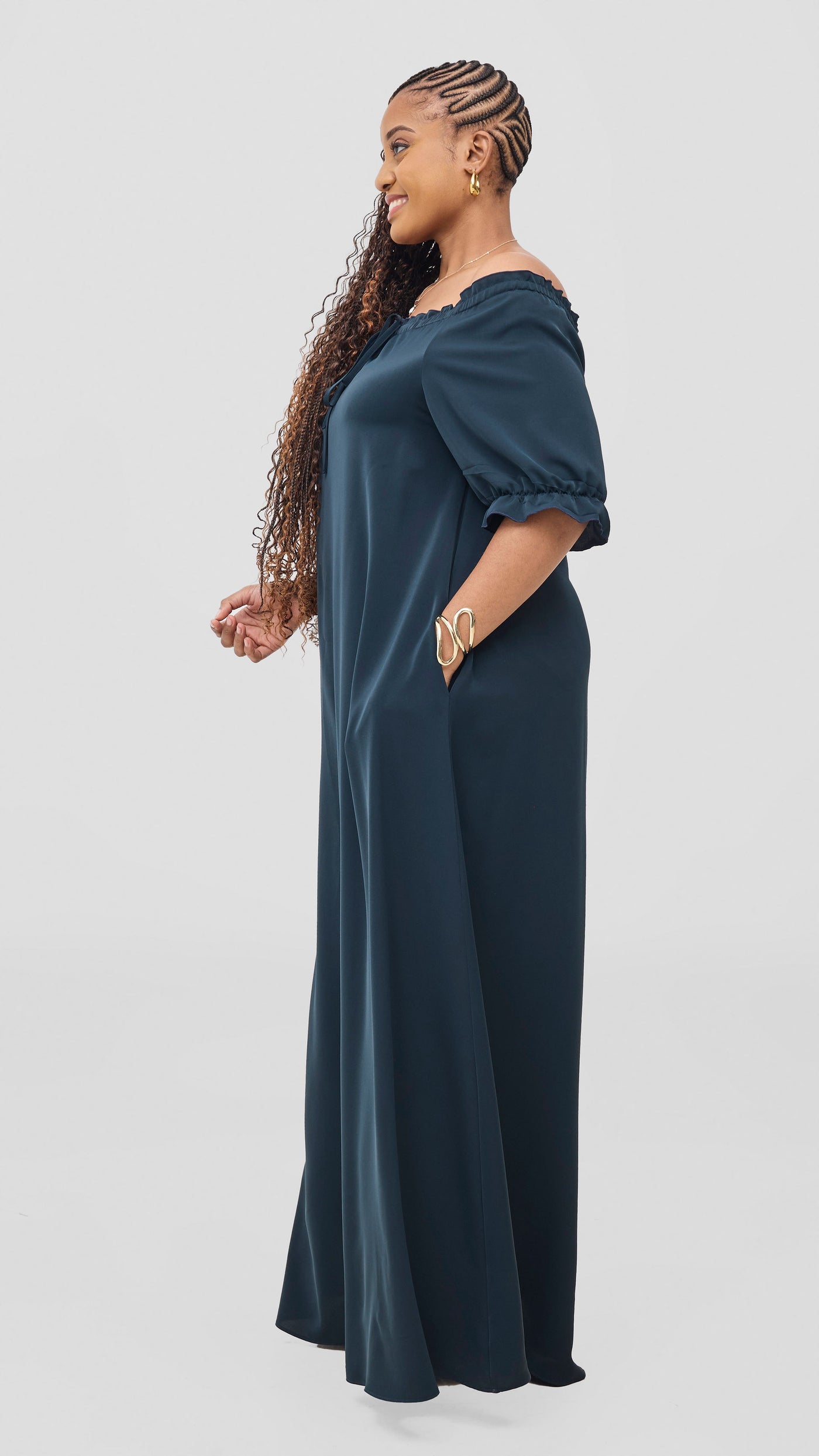 Vivo Situ Off-Shoulder Tie Maxi Dress - Dark Green