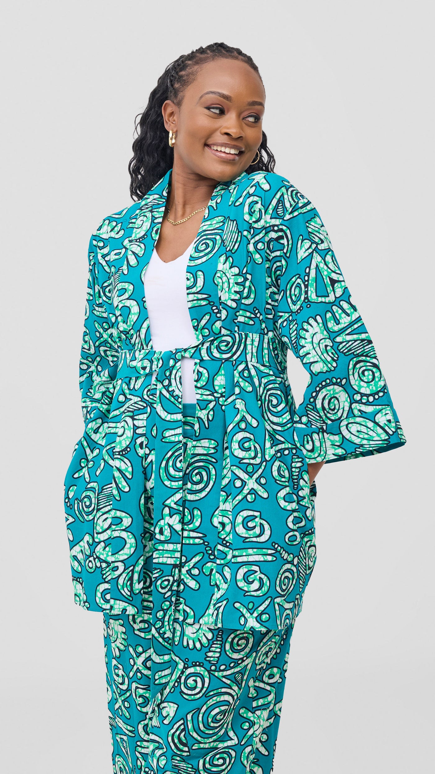Vivo Short Kimono - Green / Black Adia Print