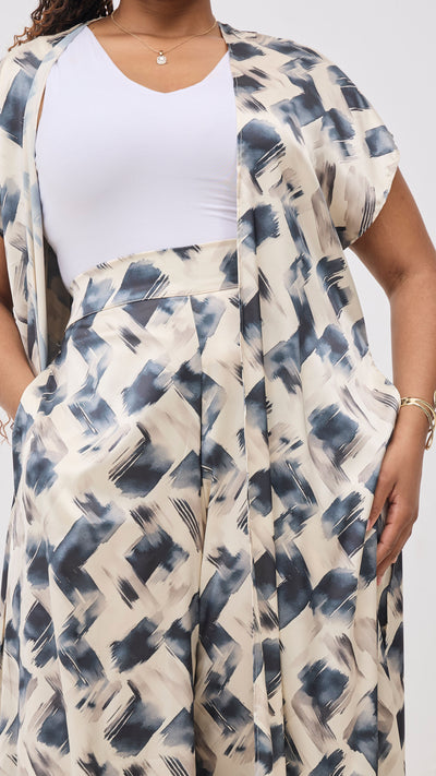Vivo Chidii Drop Shoulder Kimono - Light Tan / Navy Tulu Print