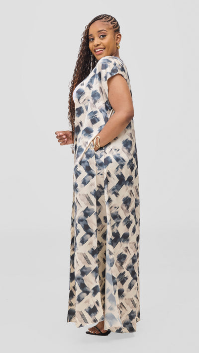 Vivo Chidii Drop Shoulder Kimono - Light Tan / Navy Tulu Print