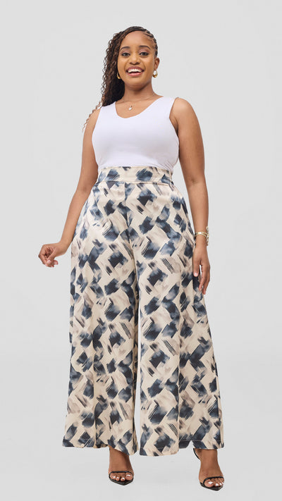 Vivo Chidii Wide Leg Pants - Light Tan / Navy Tulu Print