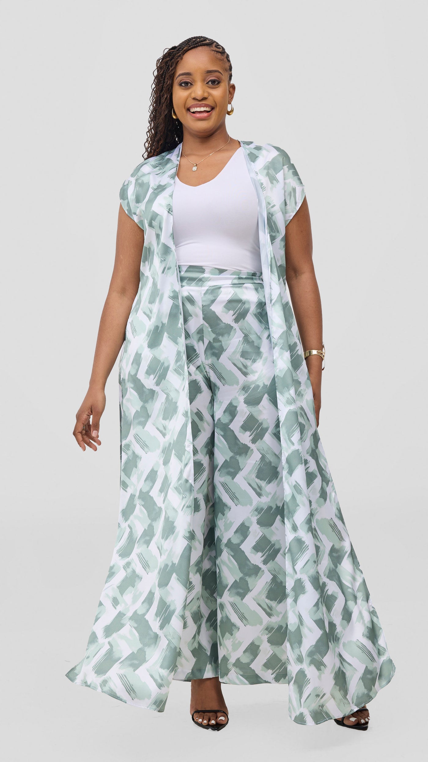 Vivo Chidii Wide Leg Pants - White / Mint Tulu Print